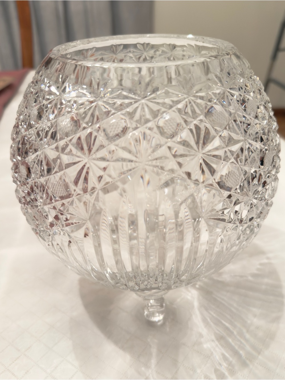 Vintage cut crystal footed rose bowl showcasing intricate diamond-cut footed